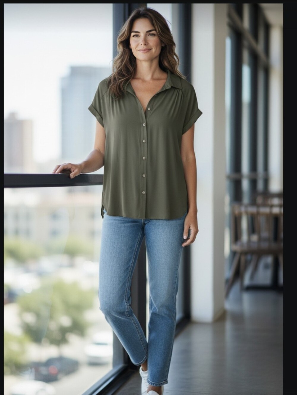 Rose & Olive Short-Sleeve Button-Front Top in Olive